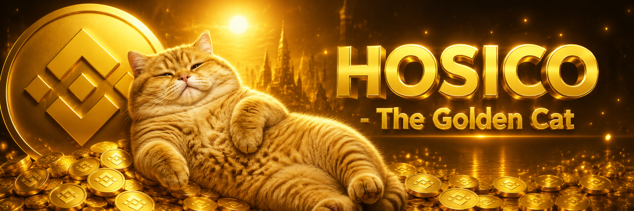 Hosico reclining on a mountain of golden BNB coins in a glowing golden city
